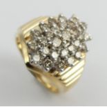 9ct gold large diamond cluster ring, 8.6 grams. Size V 1/2, 20.5 mm. UK Postage £12.