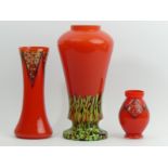 Three Bohemian red art glass vases, largest 28 cm. UK Postage £16.