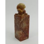 A Chinese carved soapstone seal with a monkey to the top. 9.5 cm. UK Postage £12.