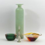 Four items of art glass including a Murano bowl and a Mdina example. Vase 33 cm. UK Postage £16.
