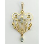 15ct gold Art Nouveau aquamarine and seed pearl pendant, 3.9 grams. 50 mm long. UK Postage £12.