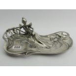 An Art Nouveau design silver plated figural tray with faint marks. UK Postage £12.