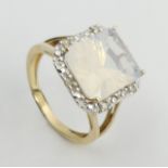 9ct gold white quartz and diamond ring, 3.4 grams. Size N 1/2, 15.5 mm. UK Postage £12.