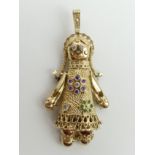 9ct gold stone set articulated rag doll pendant, 30 grams. 76 mm long. UK Postage £12.