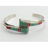 Native American sterling silver turquoise and coral cuff bangle, 17.5 grams, 18mm wide. UK