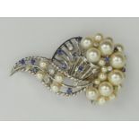 14ct white gold, cultured pearl, sapphire and diamond brooch, 27.3 grams, 62 x 35mm. UK Postage £12