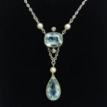 14ct white and yellow gold aquamarine, diamond and seed pearl necklace, 3 grams, 42cm long, UK