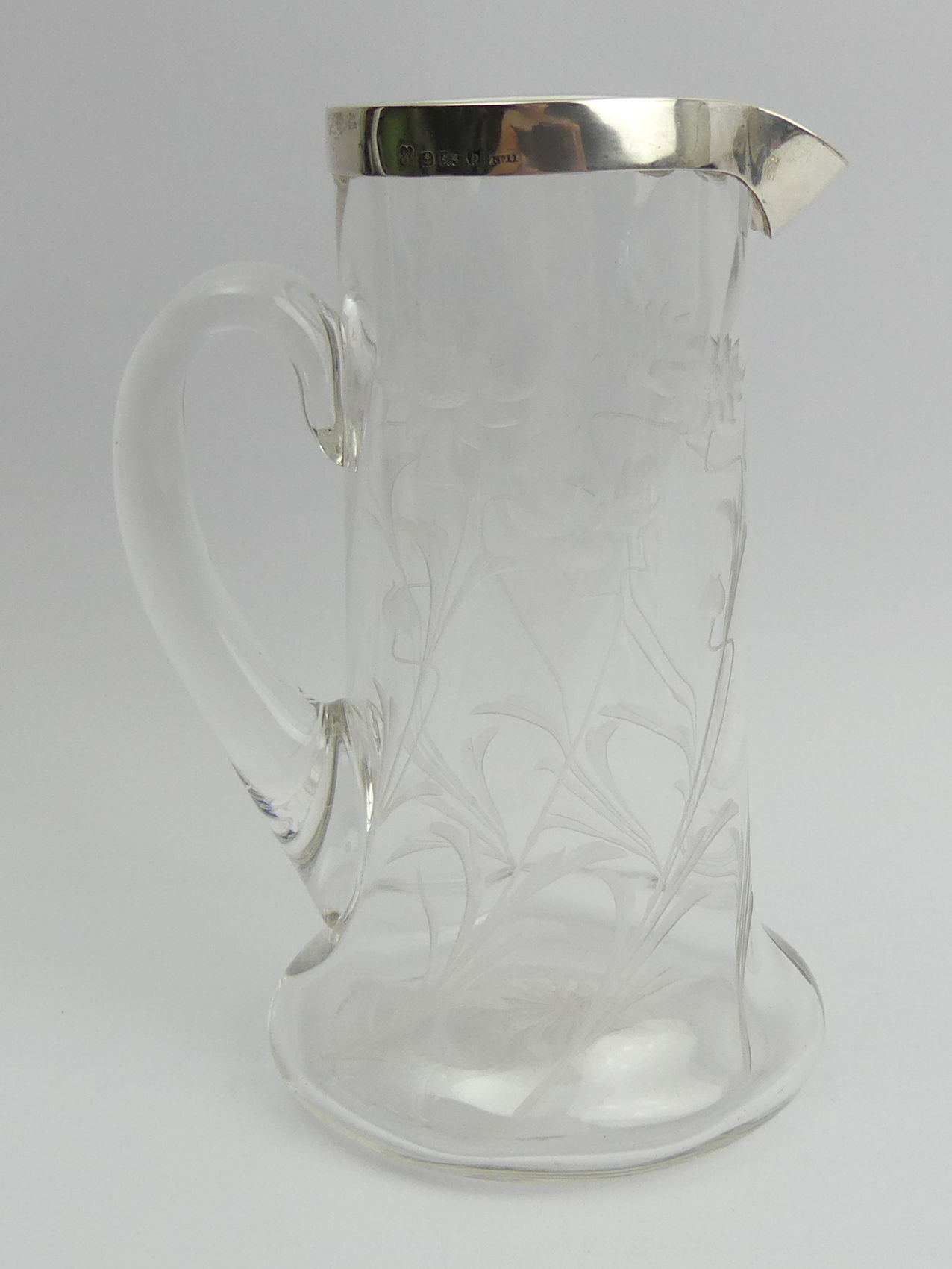 Art Nouveau silver mounted glass engraved glass water jug, Thomas Latham & Ernest Morton, Birm. - Image 2 of 5