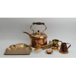 Victorian copper kettle, crumb tray, measure tankard and dish. Kettle 30cm. UK Postage £18