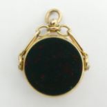 9ct gold carnelian and bloodstone swivel fob, Birm. 1894 9.5 grams, 35 x 28mm. UK Postage £12.