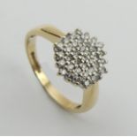9ct gold diamond cluster ring, 3.1 grams, size O 11.3mm wide. UK Postage £12.