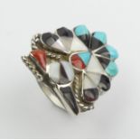 Native American unmarked, silver turquoise, coral, abalone and onyx ring, 4.9 grams, Size P, 23mm