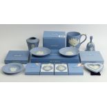 Boxed Wedgwood blue Jasper Ware frame, Christmas decorations, trays and a tankard, along with an