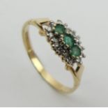 9ct gold emerald and diamond ring, 1.4 grams. Size P, 6.4 mm wide. UK Postage £12.