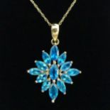 9ct gold neon apatite cluster pendant and chain, 2.2 grams, chain 45cm long, pendant 27mm long. UK