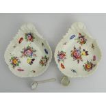 Two Victorian hand painted floral porcelain shell form dishes, a Meissen sauce ladle and a Belleek