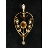 9ct gold citrine and seed pearl pendant, 2.8 grams, 48mm long. UK Postage £12.
