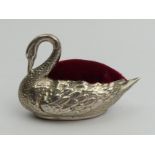 Edwardian silver swan design pin cushion, Chester 1908, W J Myatt & Co, 14 grams, 47 x 70mm. UK