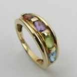9ct gold peridot, topaz, amethyst and garnet ring. Size M 1/2, 7.2 mm wide. UK Postage £12.