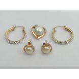 A pair of 9ct gold cultured pearl earrings, a similar pendant and a pair of crystal set 9ct rose