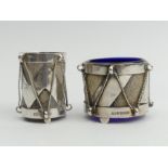 Elizabeth II novelty silver cruet modelled as drums, Sheffield 1995, 91.5 grams, Pepperette 45mm