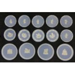 Fourteen Wedgewood blue and white Jasper Ware plates, including 6 Dancing Hours examples, 4