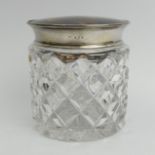 Silver and tortoiseshell mounted cut glass dressing table jar, London 1919, 9 x 8.5cm UK Postage £12