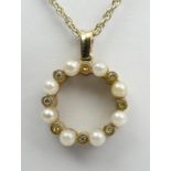 9ct gold cultured pearl and white sapphire pendant and chain, 5.8 grams. Chain 47 cm, pendant 22