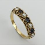 9ct gold sapphire and seed pearl ring, London 1975. 2 grams, Size M, 4.3 mm wide. UK Postage £12.