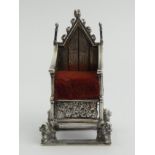 Edwardian silver Coronation chair novelty pin cushion, London 1902, Cornelius Saunders & James