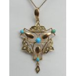 9ct gold, turquoise and seed pearl pendant and chain, 4.3 grams, chain 51cm pendant 49mm. UK Postage