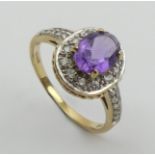 9ct gold amethyst and white spinel ring, 2.6 grams. Size P, 12.2 mm. UK Postage £12.