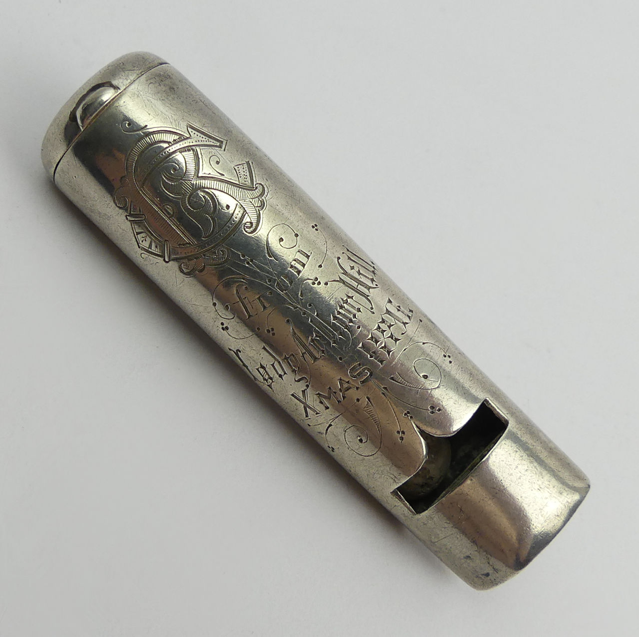 Victorian silver novelty combined vesta case and whistle Birm.1891, Stokes & Ireland, in the