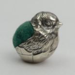 Sampson & Mordan George V silver chick pin cushion, Chester 1913, 20cm. UK Postage £12