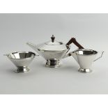 Deakin and Francis Art Deco silver plate three piece teaset with a Bakelite handle and knop.