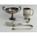 Five items of silver, including a twin handled pedestal bowl, Sheffield. 1903, 11cm and a
