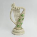 Belleek Shamrock design Irish porcelain harp, 1891 - 1926, 15 x 7.5cm. UK Postage £12