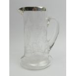 Art Nouveau silver mounted glass engraved glass water jug, Thomas Latham & Ernest Morton, Birm.