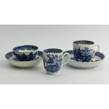 Caughley blue & white porcelain coffee cup and saucer, tea bowl and saucer and a single cup in the