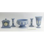 Wedgwood blue Jasper Ware Dancing Hours mantle clock, vase, pedestal bowl and a pair of