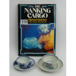Two Nanking cargo Chinese blue & white porcelain tea bowls and saucers with accompanying book, UK