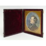Victorian leather cased miniature watercolour of a Gentleman on card. 9.5 x 8.1 x 1.5cm. UK