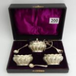 Victorian silver cased cruet set, Birm. 1899, 123 grams, mustard 90 x 60mm. UK Postage £12.
