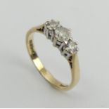 9ct gold three stone diamond ring (50 point total), 2 grams, 5.1mm wide. Size N UK Postage £12