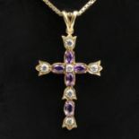 9ct gold amethyst and white stone cross pendant and chain, 6 grams, cross 4cm. UK Postage £12.