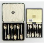 James Dixon & Sons cased set of six silver teaspoons and a set of six silver coffee spoons, 114