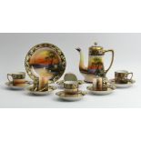 Noritake hand painted porcelain coffee pot six cups and saucers and a side plate, Pot 17cm tall.