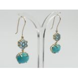 A pair of 9ct gold blue topaz and turquoise drop earrings, 5.2 grams, 40mm long 12mm wide. UK