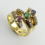 14ct gold, ruby, emerald, sapphire and diamond ring, 6.5 grams, 15.7mm, Size O, UK Postage £12.