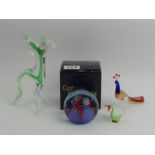 A Murano glass rearing horse, a peacock and a swan along with a Caithness glass paperweight "